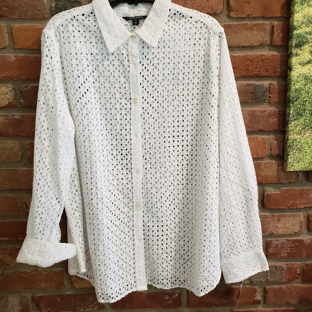 LAUREN RALPH LAUREN WHITE EYELET BLOUSE 2X NWT